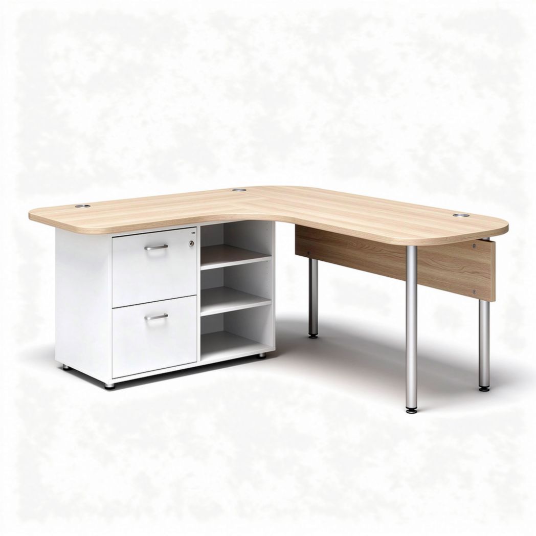 Eckschreibtisch mit zwei Schubladen und Ablage weiß hölzern 150 x 120 x 75 cm