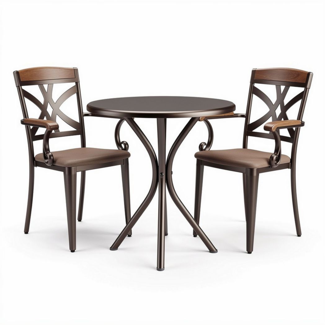 Kreisdiningtisch mit zwei stühlen aus holz und metall in dunkelbraun 75 x 75 x 75cm