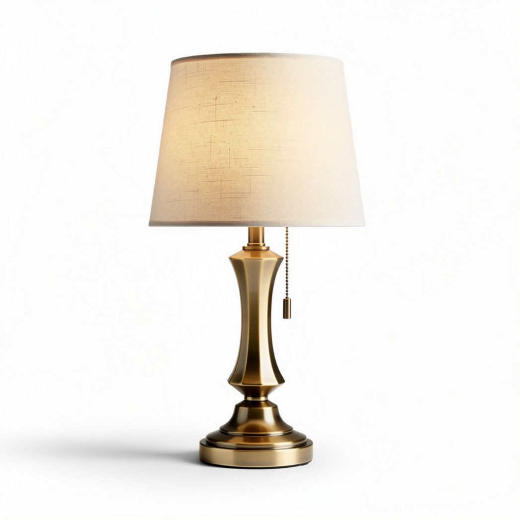 Tischlampe aus messing mit textilschirm in goldfarben 30 x 30 x 50cm