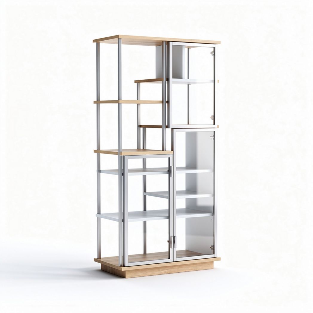 Glasvitrine aus aluminium und holz mit drei regalen maße 80 x 40 x 180cm