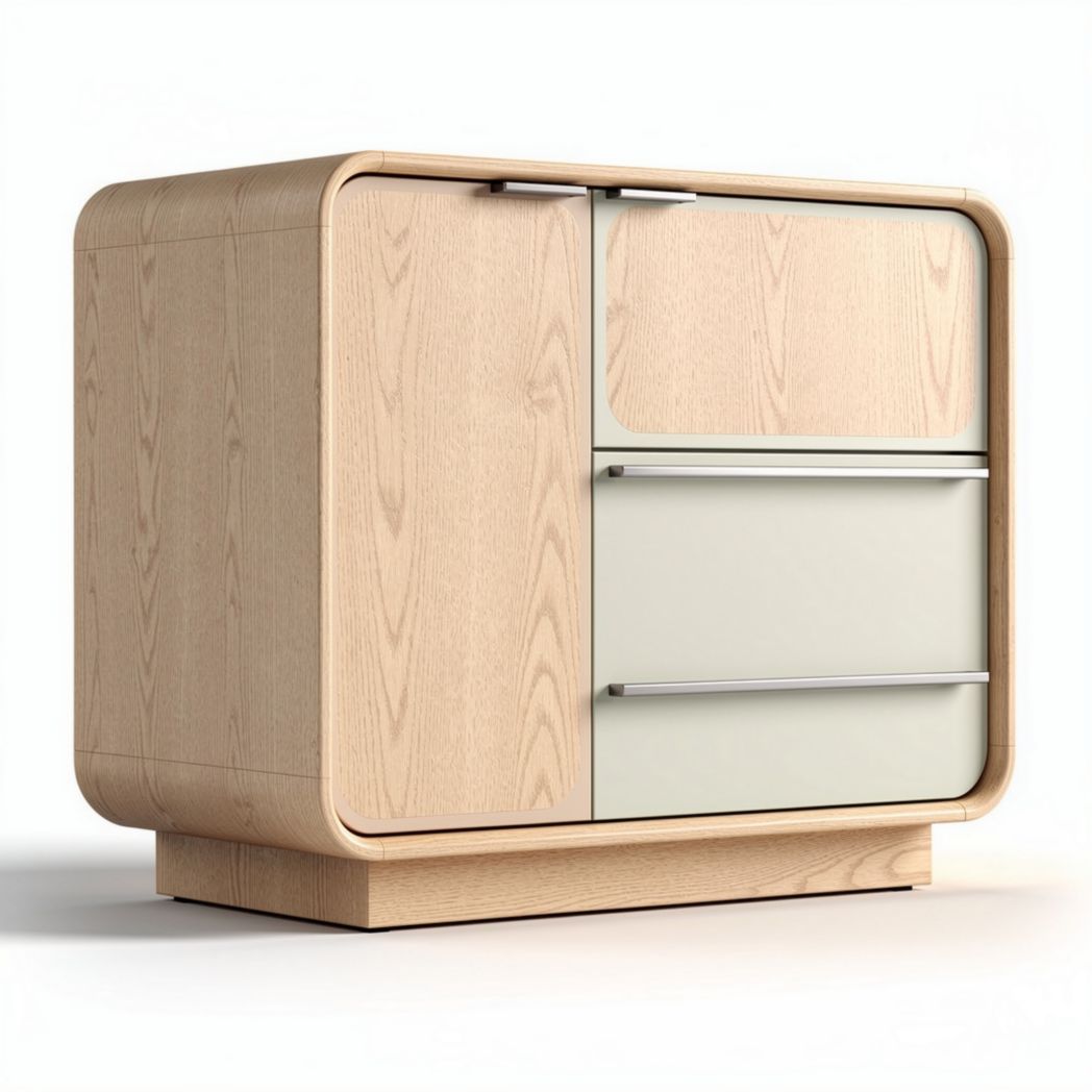 Schrank aus Holz mit Glastüren und zwei Schubladen in beige 90 x 45 x 75cm